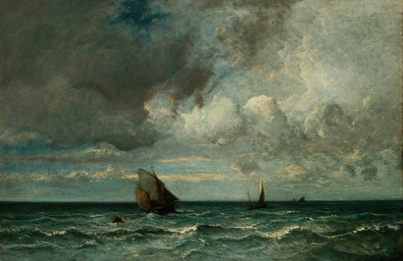 Barks Fleeing Before the Storm de Jules Dupré, pintura a óleo que retrata ondas turbulentas e barcos