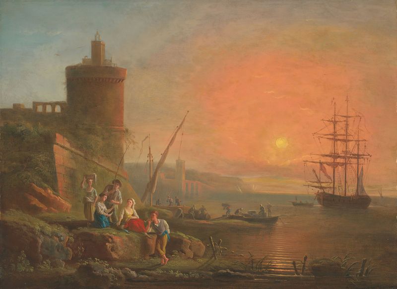 A coastal landscape at sunset with fisherfolk by Francesco Fidanza, oil on canvas