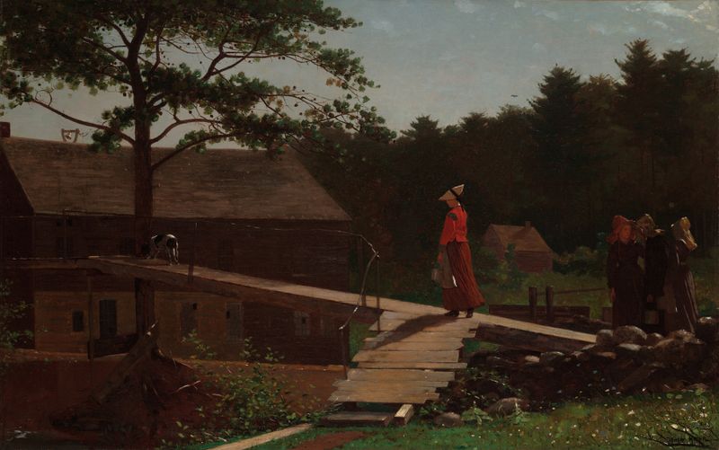 Old Mill (The Morning Bell) de Winslow Homer, pintura a óleo que retrata uma paisagem serena ao amanhecer.