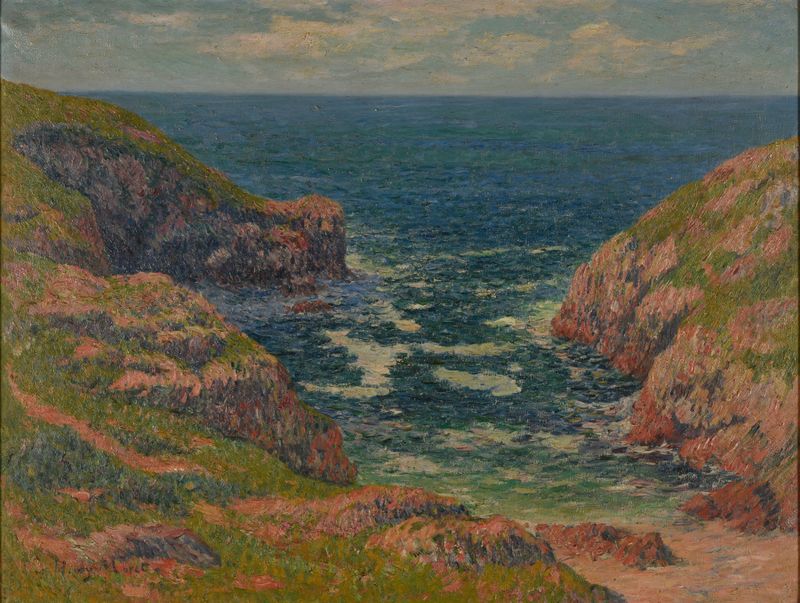 Coastal landscape with water and shoreline, oil on canvas by Henry Moret