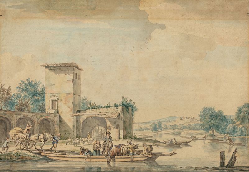 River landscape with a ferry boat, oil painting by Wigerus Vitringa