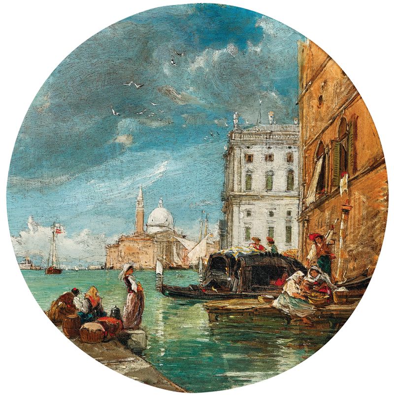 Venice, ‘La Giudecca Venezia’ by James Holland, oil painting depicting tranquil waters and reflections.