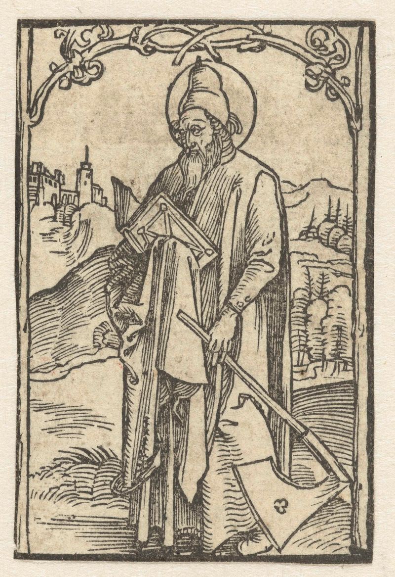 Apostel Matthias de Albrecht Dürer, medio papel, representando a un santo contemplativo con una profunda mirada.