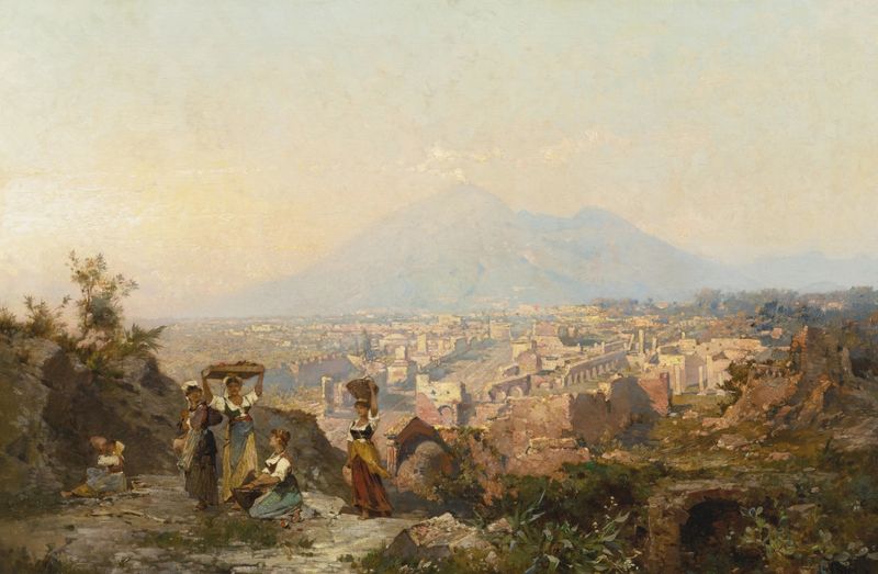 Paisaje con figuras en una colina con vista a Pompeya, óleo de Franz Richard Unterberger