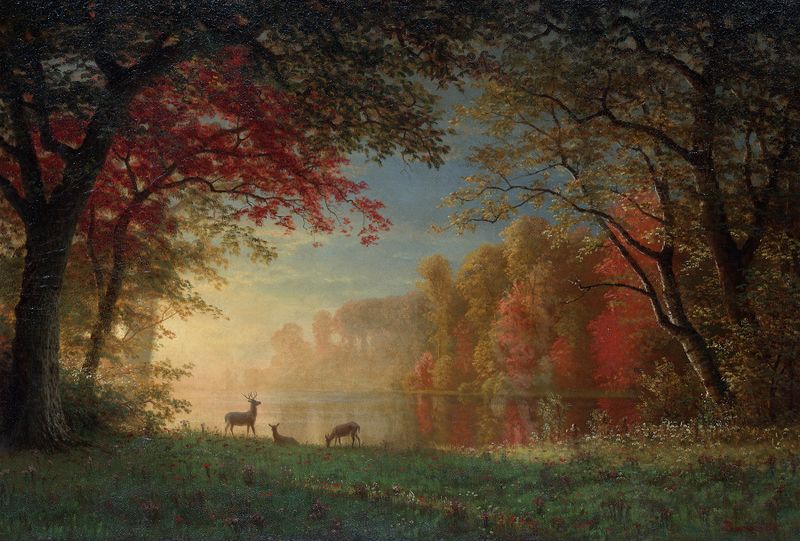 Indian Sunset, Deer by a Lake, pintura a óleo de Albert Bierstadt que retrata uma paisagem tranquila ao pôr do sol.