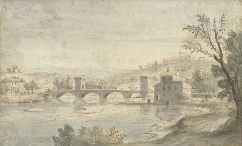 Oil on canvas by Gaspar Van Wittel depicting the Ponte Molle over the Tiber River