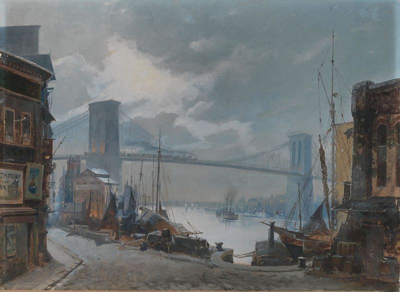 Escena de género que muestra la vida urbana con el Puente de Brooklyn, artista desconocido.