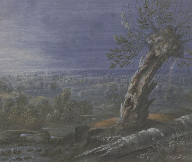Weite Landschaft mit Regenbogen de Johann Nikolaus Gassner, pintura a óleo que retrata uma paisagem com um arco-íris.