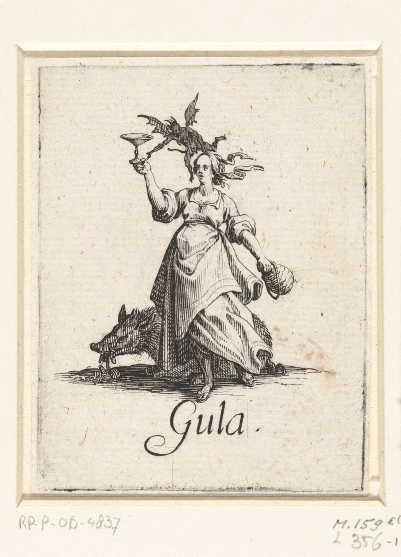 Vraatzucht grabado de Jacques Callot que representa figuras grotescas en busca del deseo.