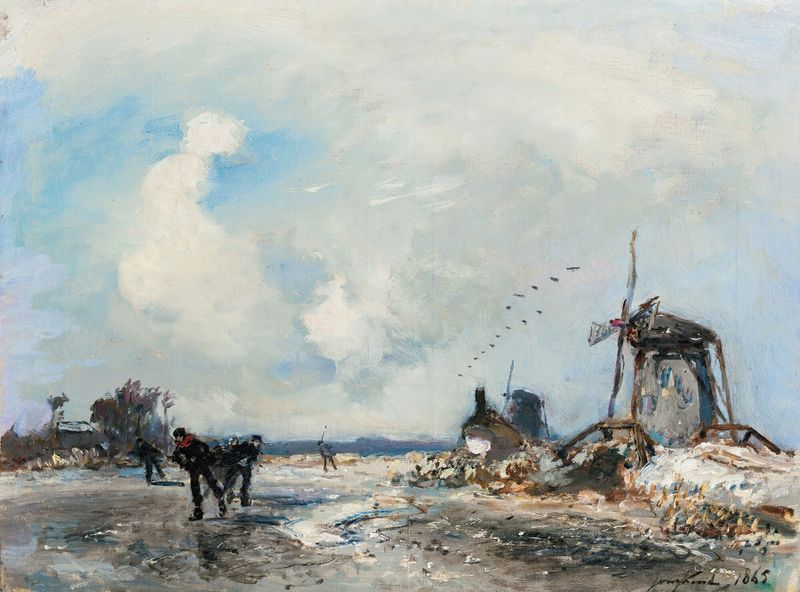 Moulins Et Patineurs En Hollande, óleo sobre lienzo de Johan Barthold Jongkind, con patinadores y molinos.