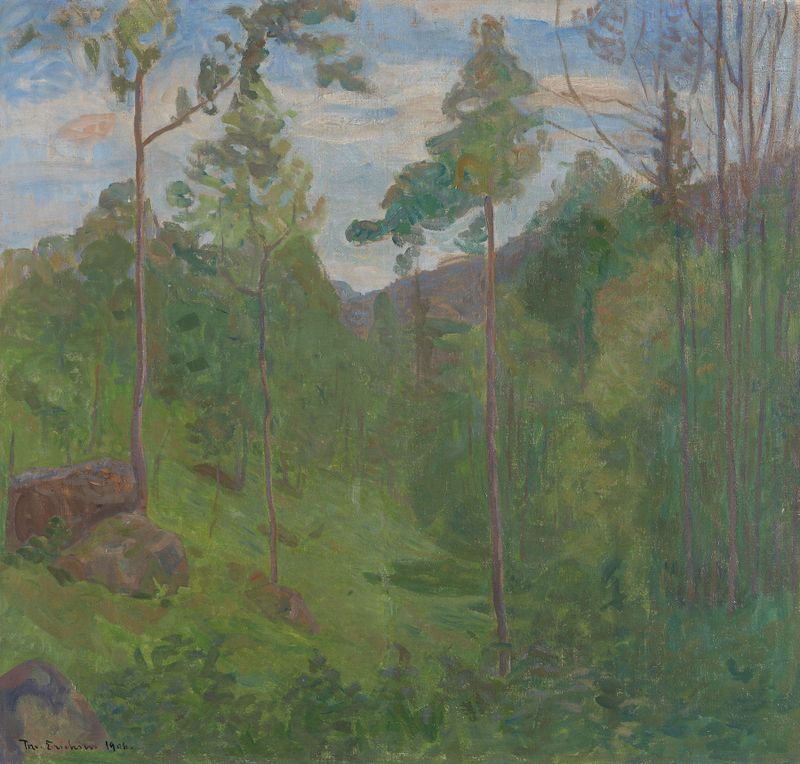 Paisaje de Thorvald Erichsen, óleo sobre lienzo que representa colinas onduladas y colores vibrantes.