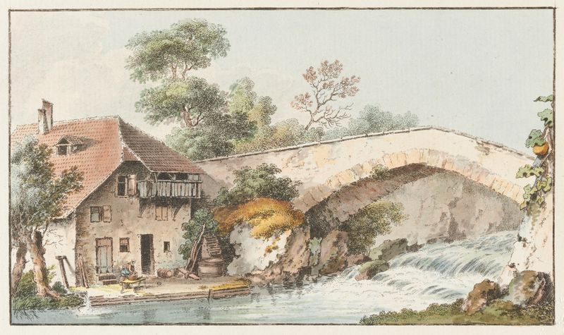 Paisagem de Johann Ludwig Aberli, retratando verdes suaves e um céu azul, pintura a óleo.