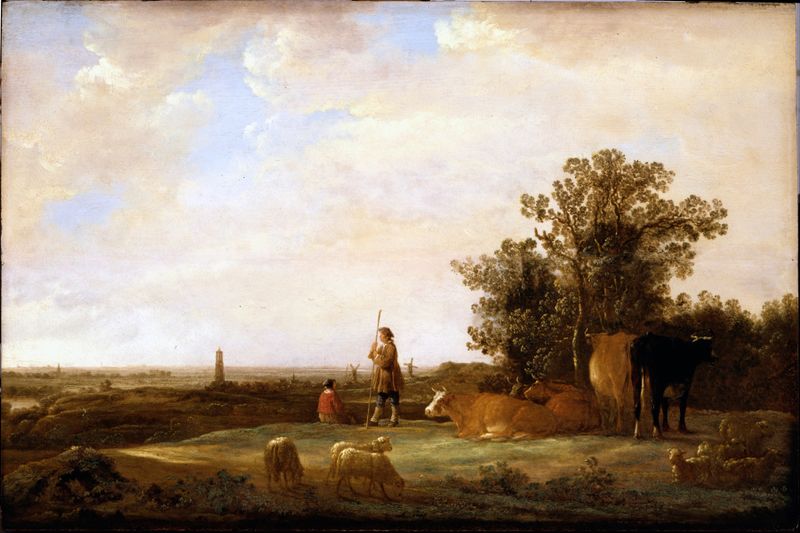 Paisaje con colinas onduladas y luz dorada de Aelbert Cuyp, pintura al óleo