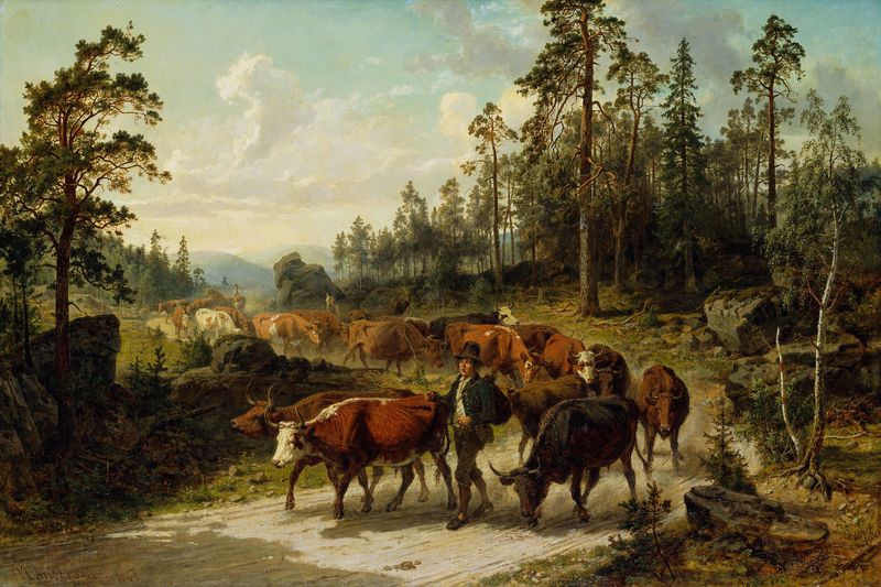 Driving Cattle in Småland de Nils Andresson, pintura al óleo que muestra ganado en un paisaje sereno