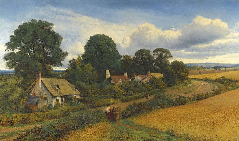 Landscape of cottages with sunlight, Victorian oil painting by Benjamin Williams Leader