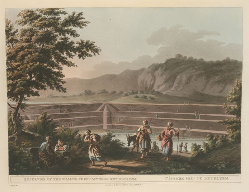 Reservatório da Fonte Selada perto de Belém de Luigi Mayer, pintura a óleo que retrata uma paisagem serena.