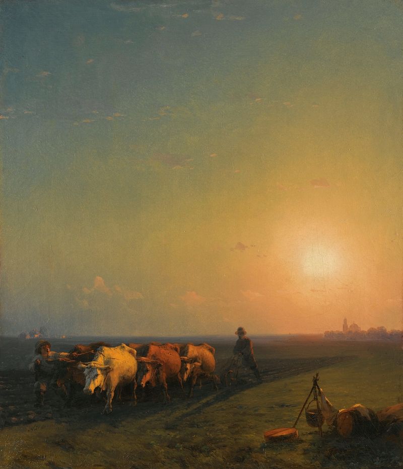 Ploughing The Fields, Crimea de Ivan Aivazovsky, óleo de figuras trabajando en los campos.