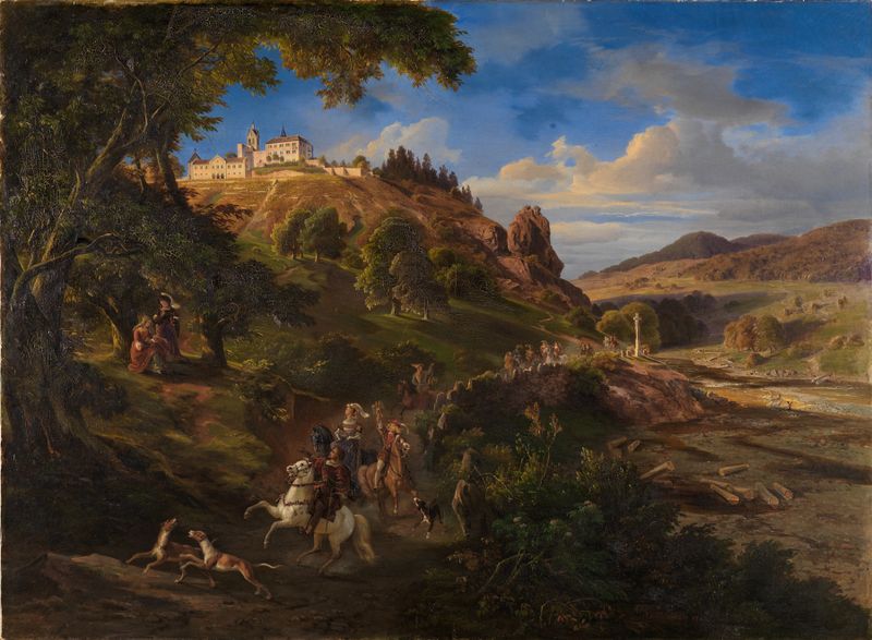 Landscape featuring Schloß Eberstein and a medieval hunting party, oil painting by Daniel Fohr