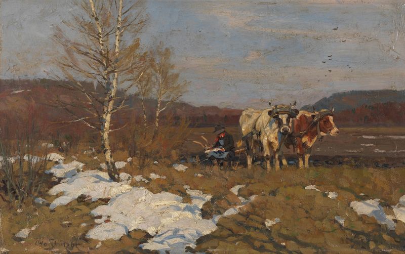 Die Vesperpause de Otto Strützel, óleo sobre lienzo, que representa una reunión serena bajo un dosel frondoso.