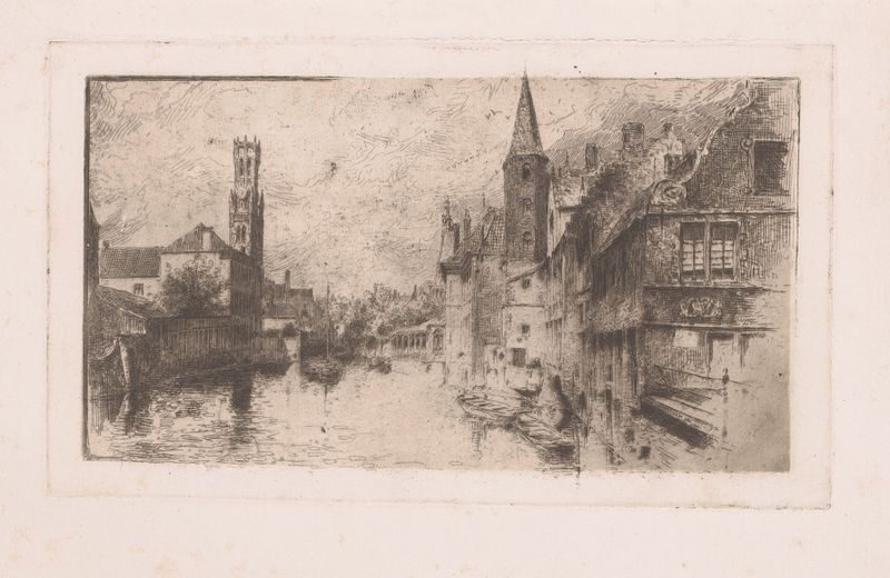 Landscape oil painting by Armand Heins featuring a canal, tower, and trees