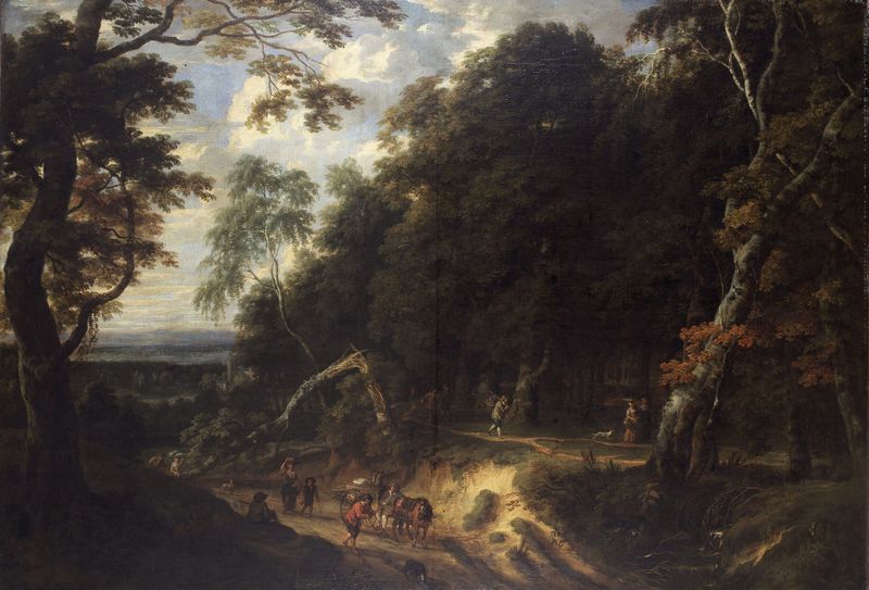 The Soignes Forest with Figures by Jacques d'Arthois, oil painting depicting a serene forest scene.