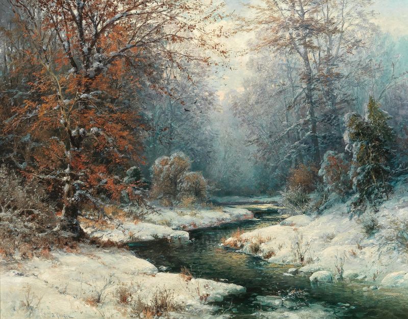 Winterliche Flusslandschaft de Adolf Kaufmann, óleo sobre tela que retrata uma paisagem de inverno com um rio e árvores nuas.