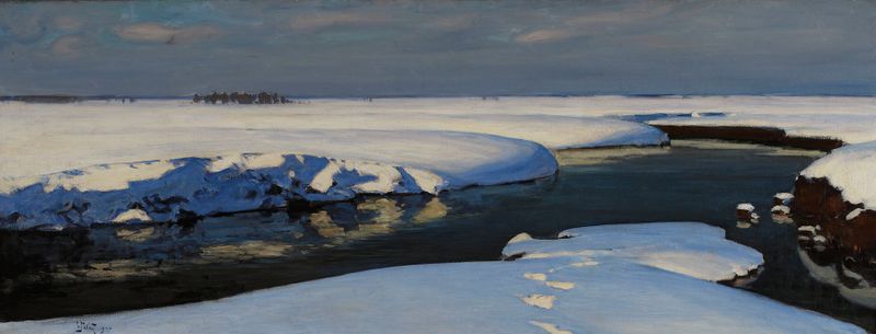 Winter landscape with a river by Julian Falat, oil painting
