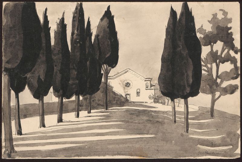 Landscape with an alley of trees leading to a church, oil on canvas by Jan Rembowski