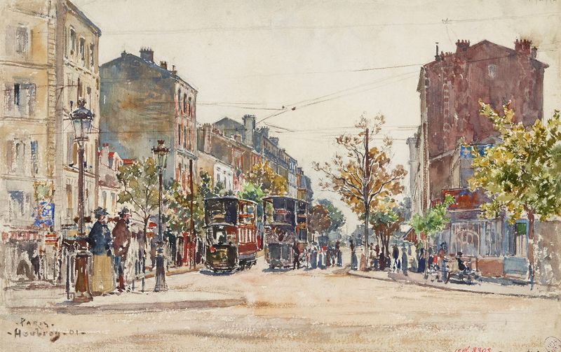Tramways à impériale dans une avenue de Paris, en 1901 by Frédéric Houbron, oil painting depicting a busy Paris street.