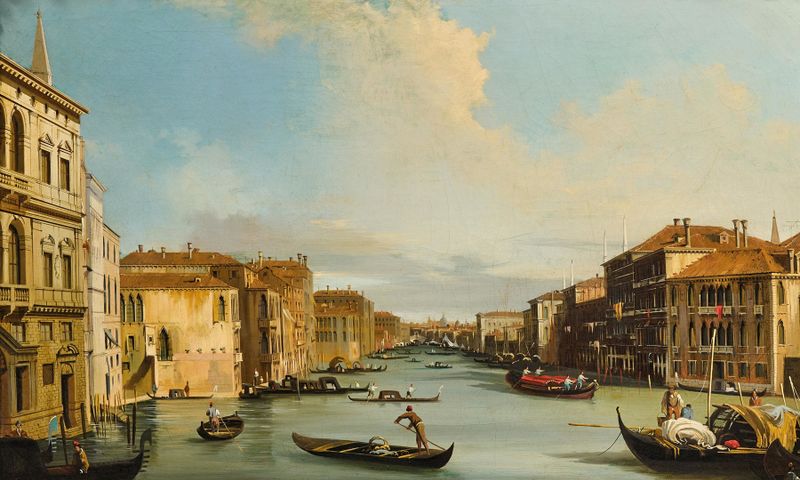 Veneza, o Grande Canal de Carlo Grubacs, óleo sobre tela que retrata um canal com edifícios.