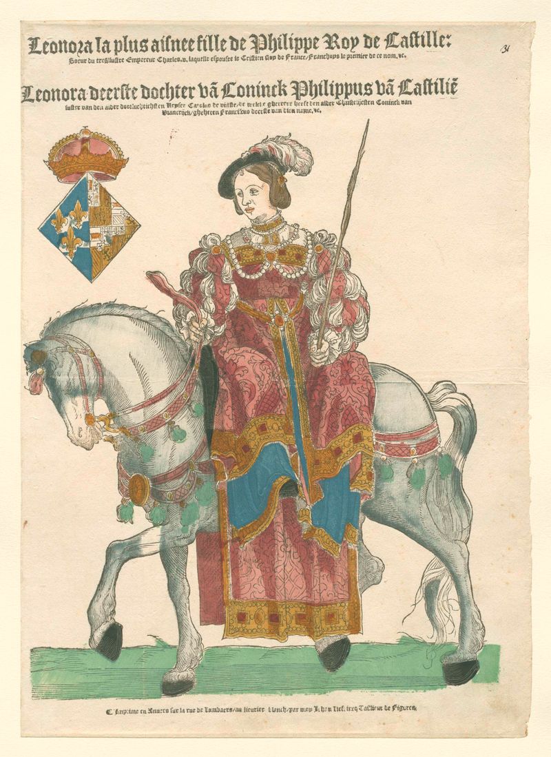 Retrato de Eleonora van Frankrijk a cavalo, pintura a óleo de Hans Liefrinck