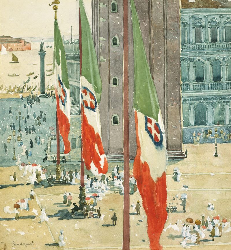Piazza di San Marco by Maurice Prendergast, watercolor on paper, depicting a lively crowd in a square.