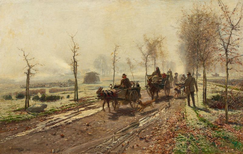 Landscape of fields under golden light, oil on canvas by Hugo Mühlig