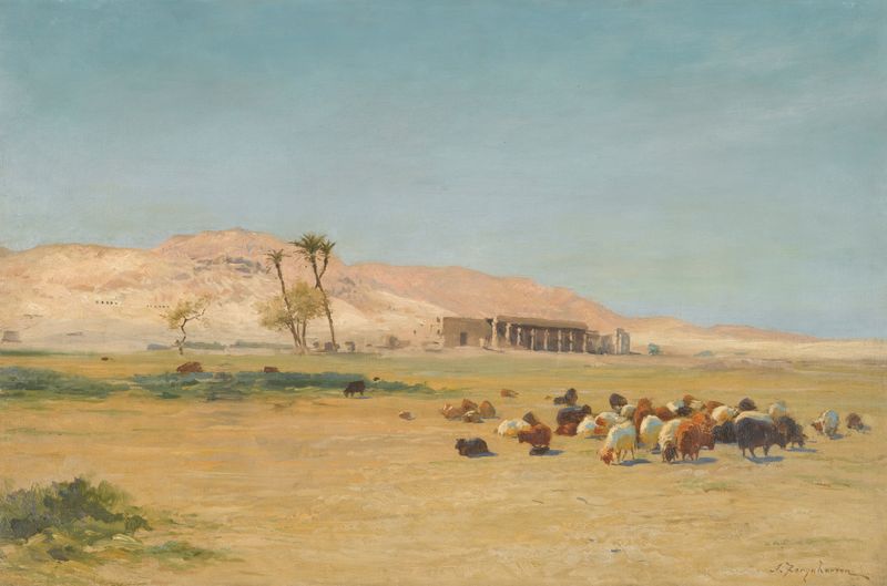 Paisaje egipcio de Joseph Farquharson, óleo que muestra colinas y luz dorada.