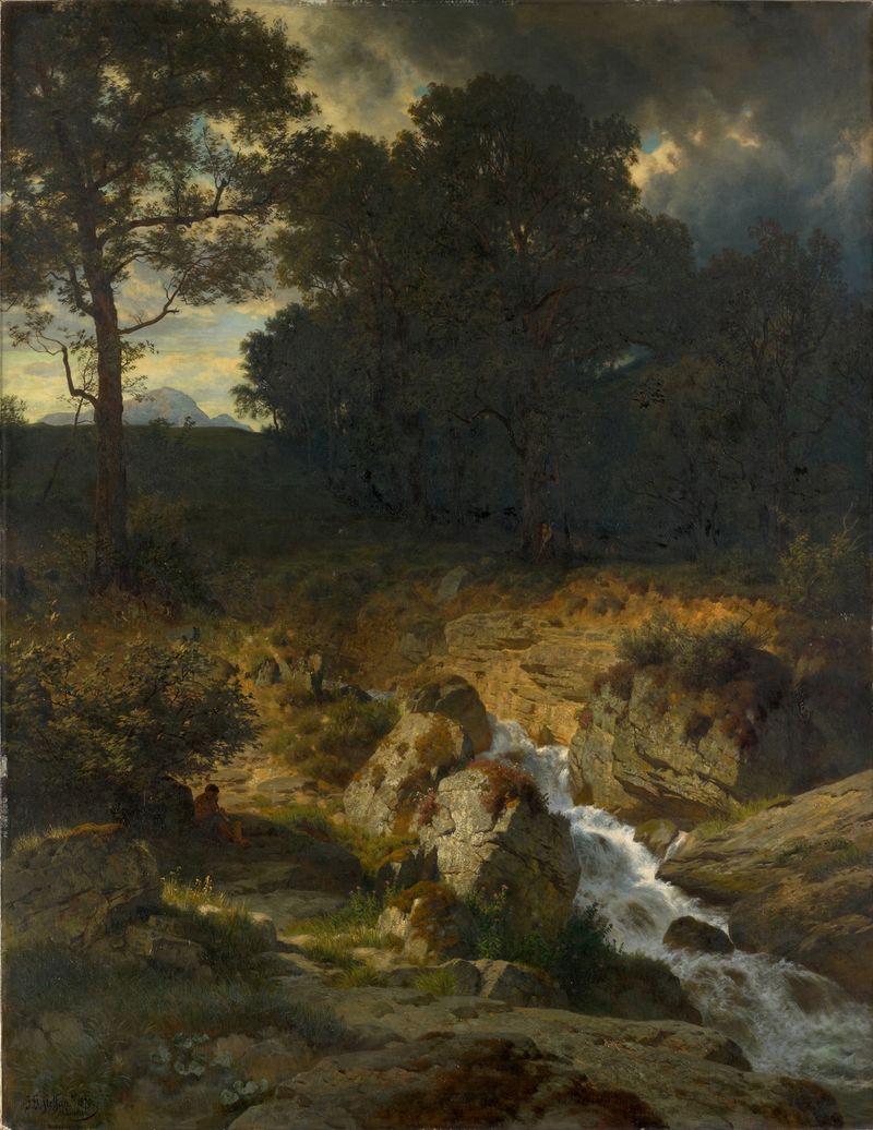 Landscape depicting a peaceful village in rolling hills by Johann Gottfried Steffan, 1879