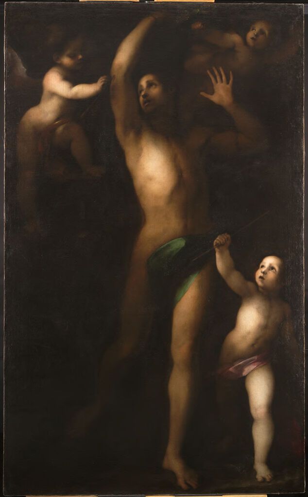 Saint Sebastian, oil on canvas by Francesco Cecco Bravo Montelatici, depicting a bound figure in light and shadow.
