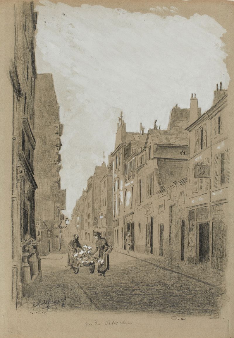 Urban street scene with figures in motion, oil on canvas by Robert Frémont