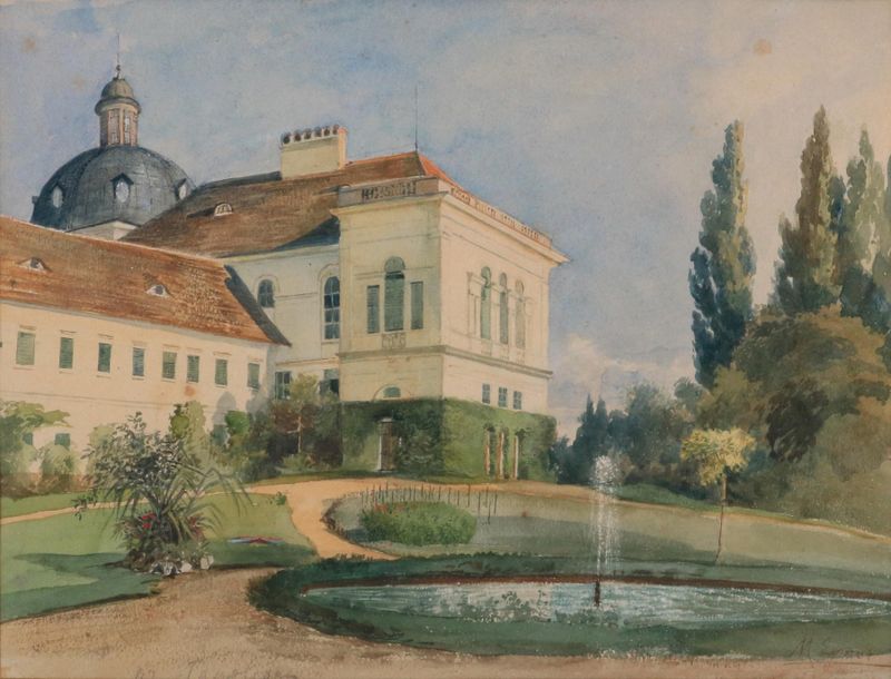 Schlosspark mit Springbrunnen, oil on canvas by Marie Egner