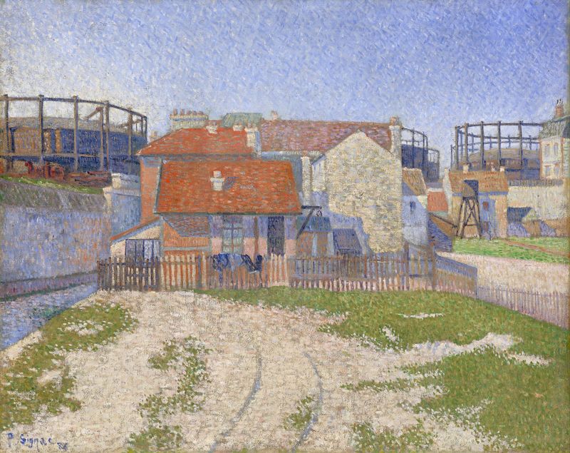 Gasometers at Clichy de Paul Signac, pintura a óleo que retrata gasômetros em luz quente.