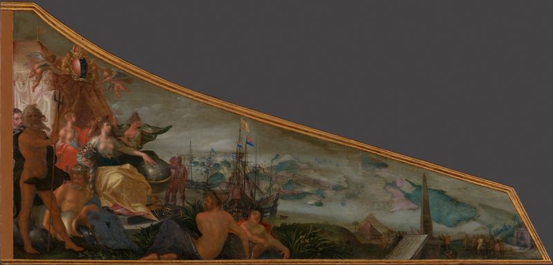 Cena histórica de Amsterdã como centro de comércio, óleo sobre painel de Pieter Isaacsz.
