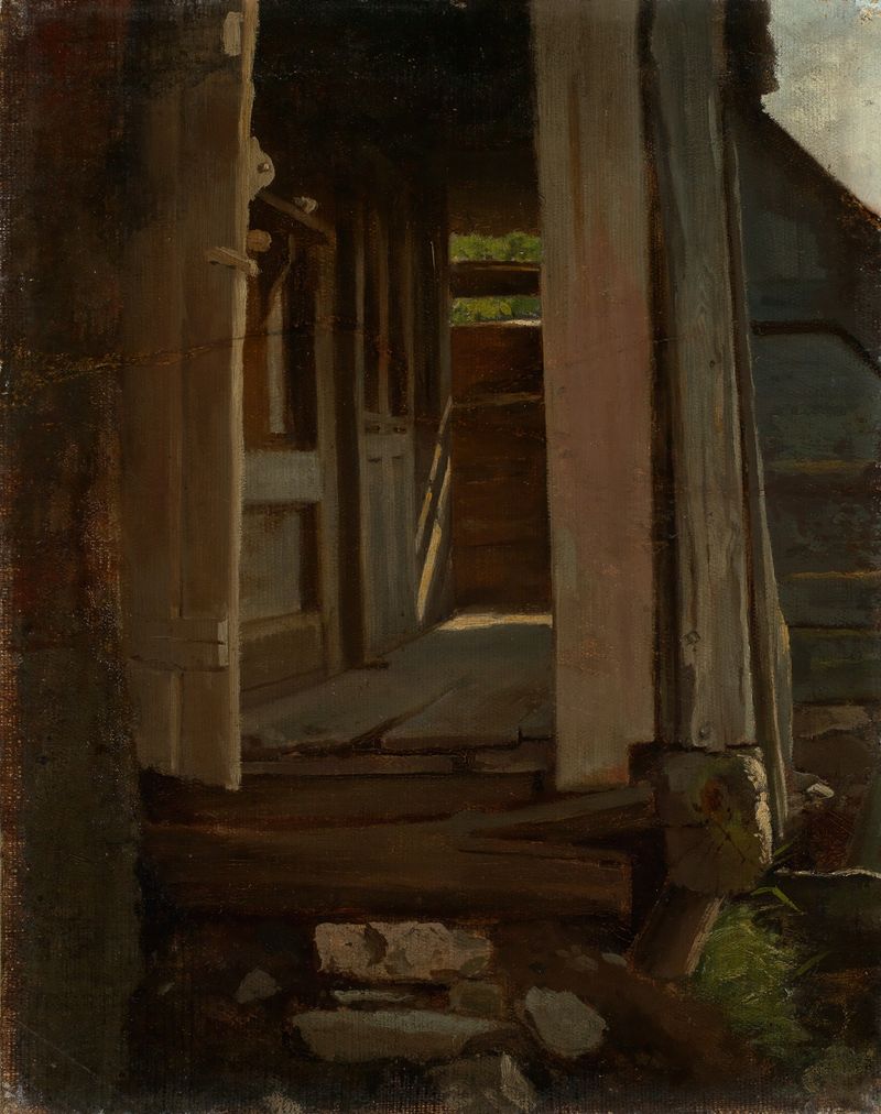 Eingang in ein Schwarzwaldhaus by Hans Thoma, oil painting depicting a forest path leading to a wooden house.