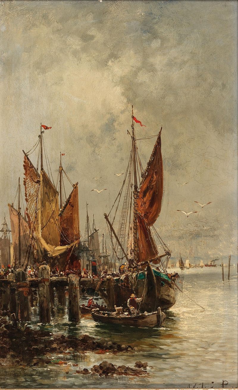 Una animada escena marina con barcos en el agua de Adolf Kaufmann, impresionismo