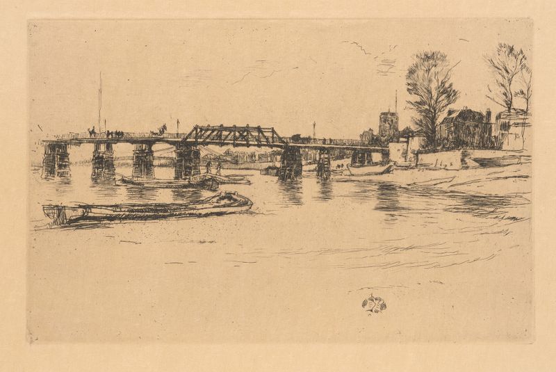 Fulham de James Abbott McNeill Whistler, óleo que muestra un cielo brumoso sobre edificios y un río.
