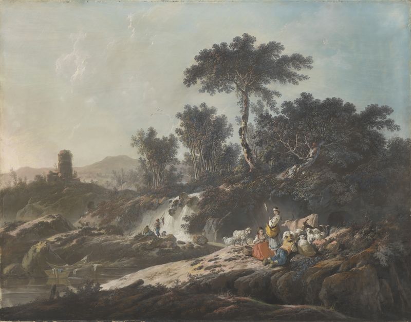 Escena de género rococó de pastores descansando junto a un arroyo, Jean-Baptiste Pillement