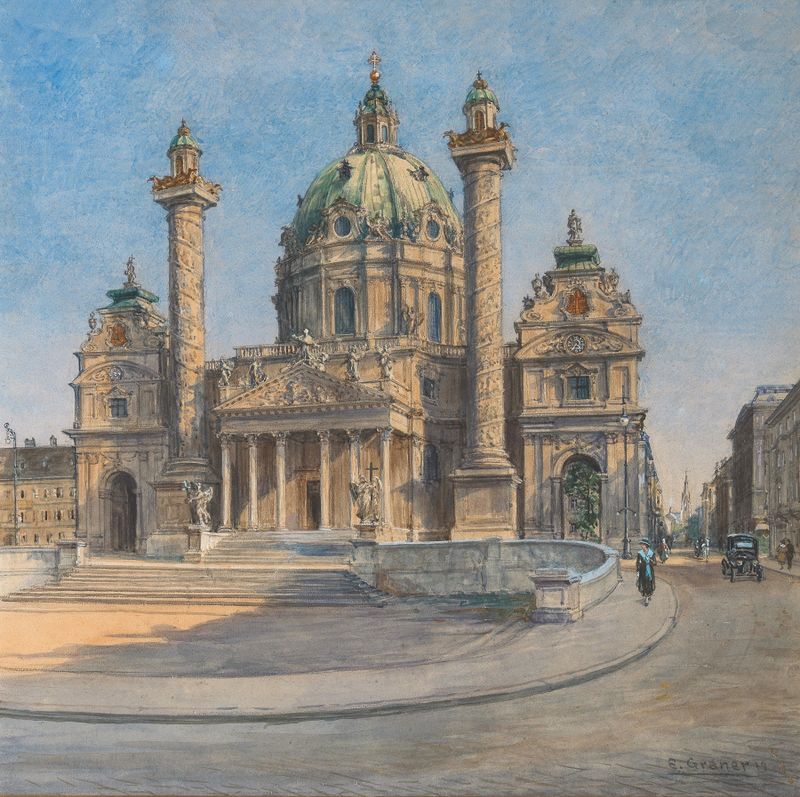 Iglesia de San Carlos en Viena, pintura al óleo de Ernst Graner, que muestra una cúpula luminosa y arquitectura intrincada.