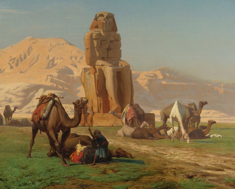 El Coloso de Memnón, óleo sobre lienzo de Jean-Léon Gérôme, que representa un gigante de piedra desgastado.