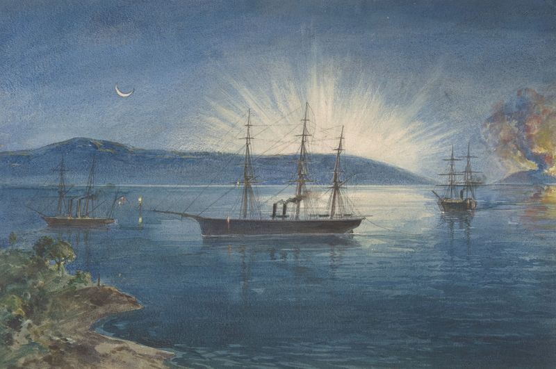 Marine scene with bonfires on hills by Robert Charles Dudley, oil painting, 1865–66