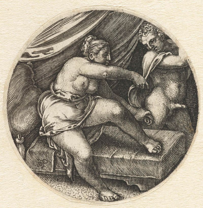 Gravura de Unknown Artist representando Jozef en de vrouw van Potifar com ricos tecidos e figuras.