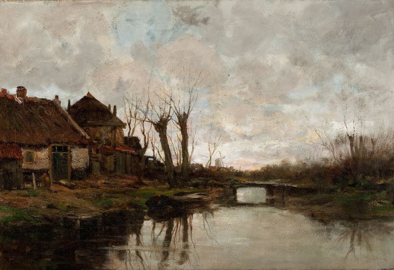 Cloudy Day Along a Dutch Canal by Charles Paul Gruppe, oil painting depicting a serene canal landscape.