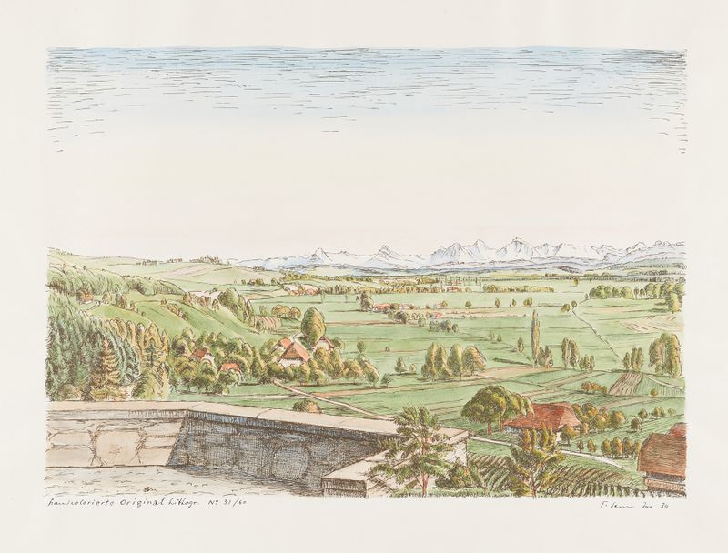 Paisagem de Traugott Senn, retratando colinas e um céu vasto, meio desconhecido.